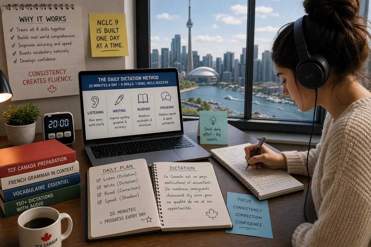 The Daily Dictation Method for TCF Canada 2026: How 20 Minutes a Day Trains All 4 Skills Simultaneously and Accelerates Your NCLC Score